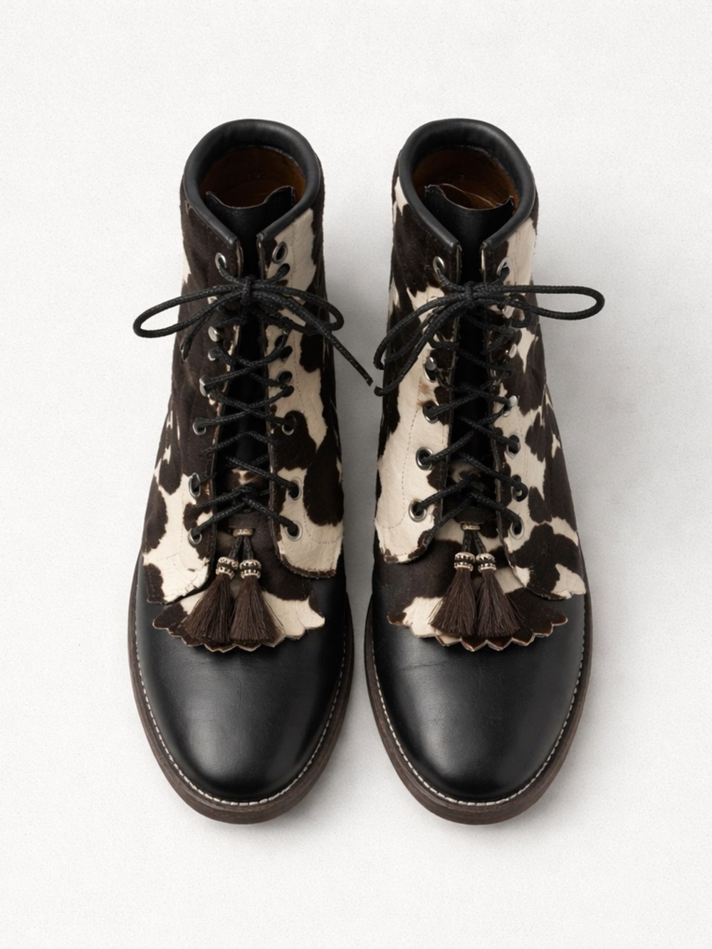 Larry Mahan Black and White Cowhide Lace-Up Tassel Boots| EXQUISITE‼